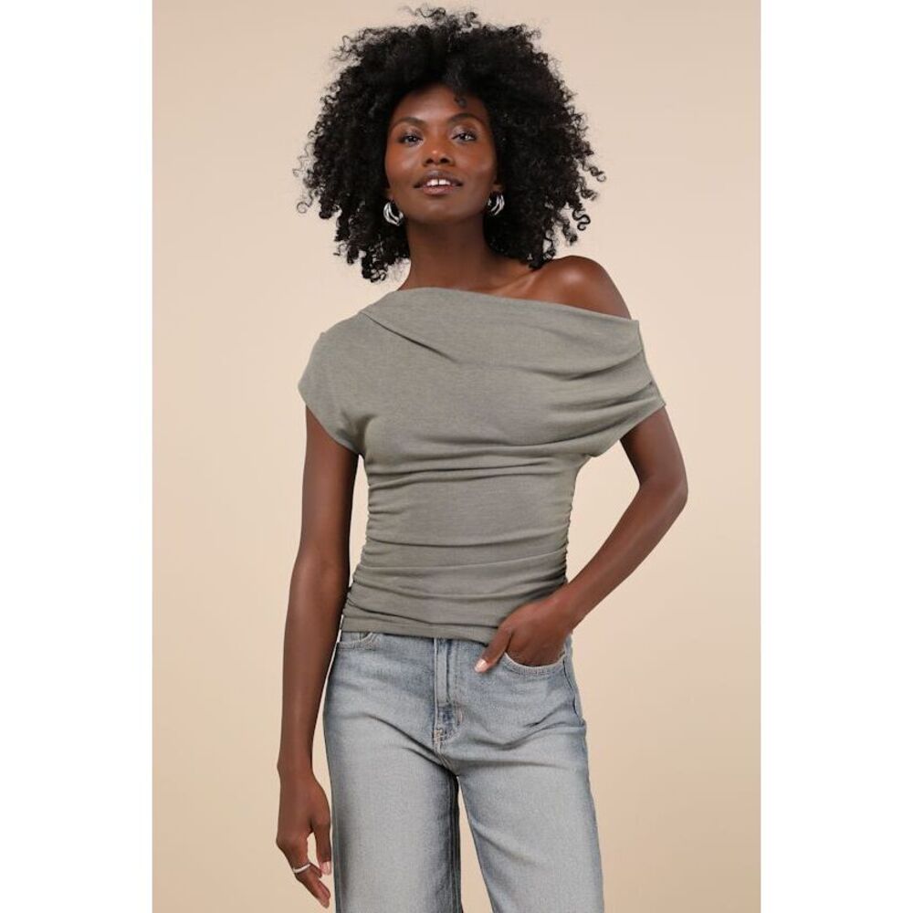 Expert Poise Olive Green Ruched One-Shoulder Top